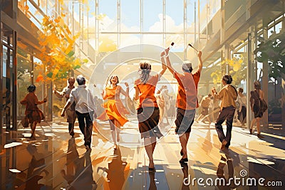 Illustration of a retreat center for the elderly, a joyful old people share laughter and dance with fellow seniors Stock Photo