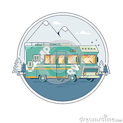 Illustration with a retro camper on the background of mountains. Line style. Vector Illustration
