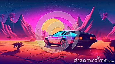 Illustration of a retro sports car of the 1980s at the Egyptian pyramids. Retro-futuristic landscape. Generative AI Cartoon Illustration