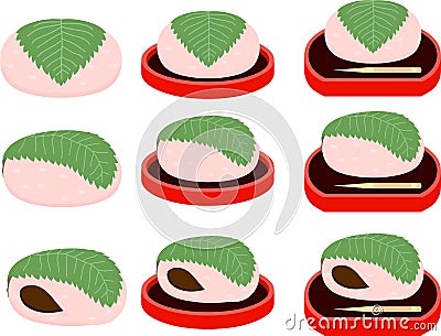 Bean paste rice cake wrapped in a cherry leaf outline set Vector Illustration