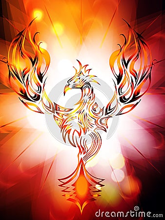 Illustration of rising Phoenix against red dark background as symbol of rebirth. Elements are layered separately in vector file. Vector Illustration