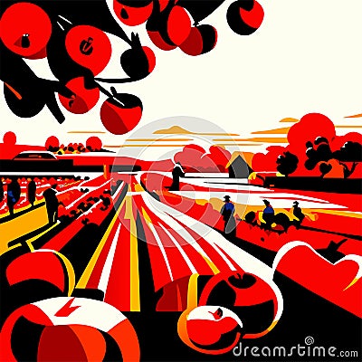 Illustration of a road with red apples in the foreground and people in the background Generative AI Vector Illustration