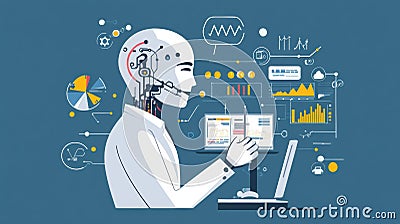 Illustration of a robot analyzing data on a computer screen Stock Photo