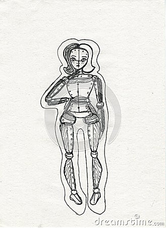 Illustration of robot girl with split hair, drawing Cartoon Illustration