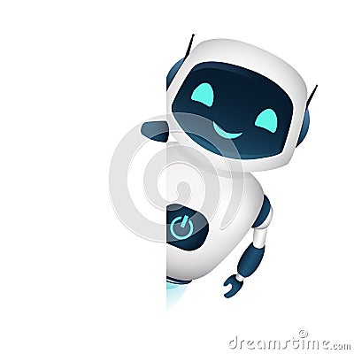 Illustration robot peep out from behind the corner white walls banner on isolated background Vector Illustration