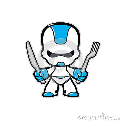 Illustration of a robot. Vector. Robot character of the future with a knife and fork. Mascot for a cyber cafe or restaurant. Hero Vector Illustration