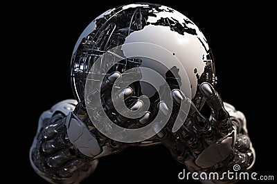 illustration of a robotic hand grasping a miniature planet Earth against a black backdrop Cartoon Illustration