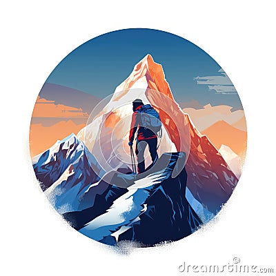 illustration of rock climber on top mountain. Circle logo. Cartoon Illustration