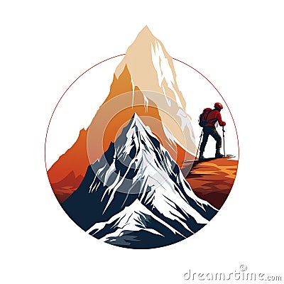 illustration of rock climber on top mountain. Circle logo. Cartoon Illustration