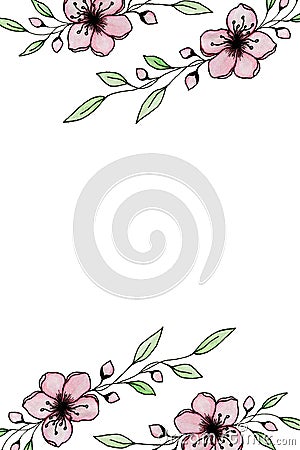 Romantic cherry blossom border with copy space, festive floral illustration with sakura flowers for mothers day, valentines day Cartoon Illustration