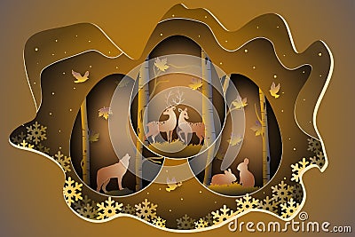 illustration of romantic couples deer, wolf, and rabbit in autumn forest. Cartoon Illustration