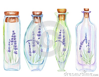 Illustration romantic and fairytale watercolor bottles with tender lavender flowers inside Stock Photo