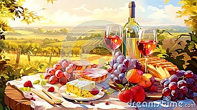 Illustration of a romantic picnic with wine and fruits Stock Photo