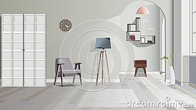 Illustration of a room with stool, lamp, commode and cupboard. Interior of the room with furniture. Vector illustration Stock Photo