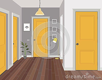 Illustration of a room with yellow doors. Interior of the room with furniture. Illustration hallway. Vector Illustration