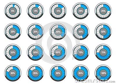 illustration of round progress bar. Circle indicators status. Loading and buffering percentage icon set. Circular interval timer. Cartoon Illustration