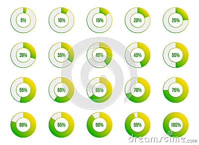 illustration of round progress bar. Circle indicators status. Loading and buffering percentage icon set. Circular interval timer. Cartoon Illustration