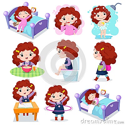 Daily routine activities for kids with cute girl Vector Illustration