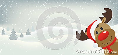 Illustration of the Rudolf the reindeer with a red nose in front of a snowy field Cartoon Illustration
