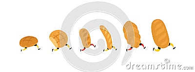 Illustration of running bread. Vector. Rolls, loaf and baguette. Icons for the site on a white background. Signs, logo for the sto Vector Illustration