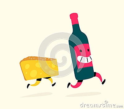 Illustration of running cheese and a bottle of wine. Vector. Characters drink and snack. Icons for the site on a light background Vector Illustration