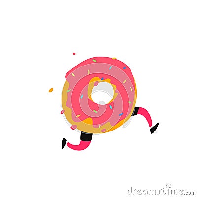 Illustration of a running donut. Vector. Sweet donut character with legs. Icon for site on white background. Sign, logo for the st Vector Illustration