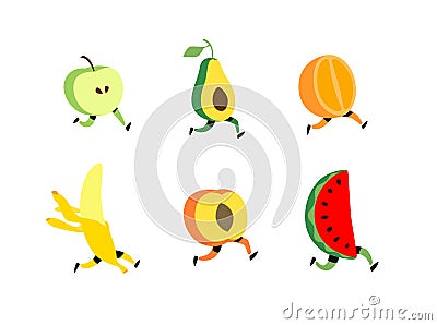 Illustration of running fruit. Vector. Fruit cocktail characters, healthy food. Cute apple, avacado, watermelon, banana, orange Vector Illustration