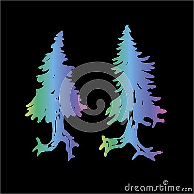 Color neon illustration of a running tree with a spiral ornament. The roots of the feet. Stock Photo