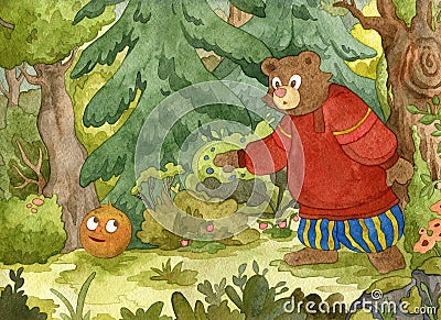 Illustration for russian traditional fairy tale Kolobok. Characters of children tale. Kolobok meet bear. Watercolor illustration Stock Photo