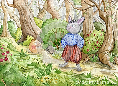 Illustration for russian traditional fairy tale Kolobok. Characters of children tale. Kolobok meet hare. Watercolor illustration Stock Photo