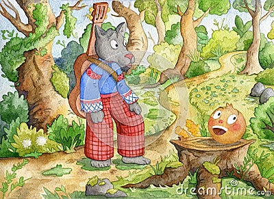 Illustration for russian traditional fairy tale Kolobok. Characters of children tale. Kolobok meet wolf. Watercolor illustration Stock Photo
