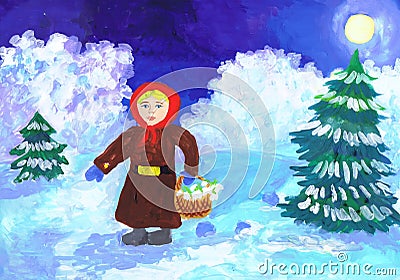 Illustration of S. Marshak`s tale `Twelve Months.` Children`s drawing Stock Photo