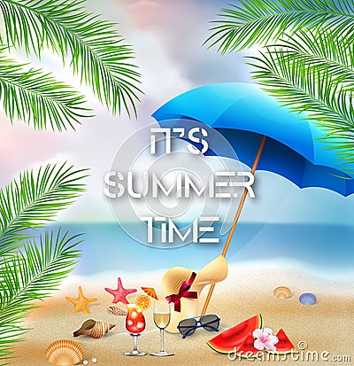 It`s summer time background with palm trees and beach elements Vector Illustration