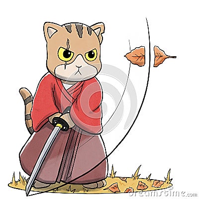 Samurai Cat Cutting Falling Leaf with Sword Stock Photo