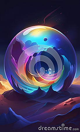 Illustration of sand abstraction in rainbow colors, dark blue space background, crystal ball, ink paint style, AI generation Stock Photo