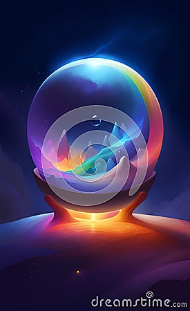Illustration of sand abstraction in rainbow colors, dark blue space background, crystal ball, ink paint style, AI generation Stock Photo