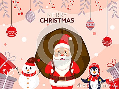 Illustration of Santa Claus Lifting a Heavy Sack with Cartoon Penguin, Snowman, Gift Boxes and Hanging Baubles Decorated Stock Photo