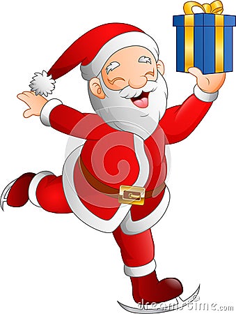 Santa claus skier holding a gift box Vector Illustration