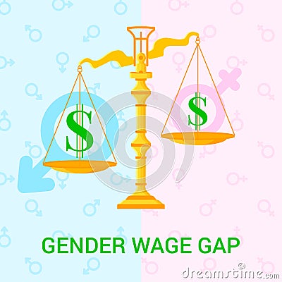 Illustration with scales, dollar icons and background with male and female signs. Vector Illustration