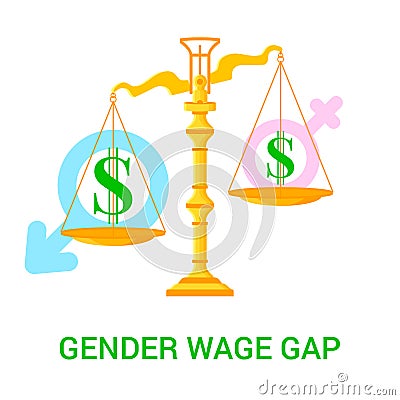 Illustration with scales, dollar icons and male and female signs. Vector Illustration