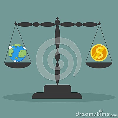 On the scales is the planet earth and money. Vector Illustration