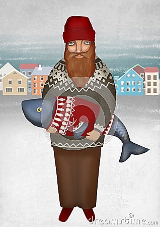 Scandinavian fisherman with fish in wool sweater. Northern landscape. Bearded man. Stock Photo