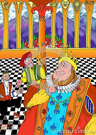 Illustration of a scene from the story The Emperor`s New Clothes Cartoon Illustration