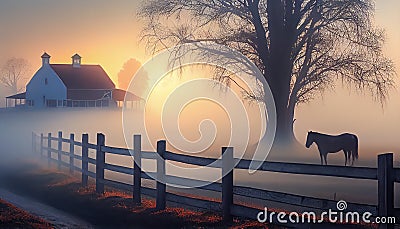 An Illustration of scenic farm landscape in the morning mist Stock Photo