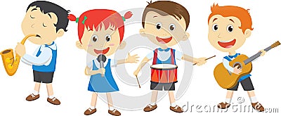 Illustration of school children playing musical instruments Vector Illustration