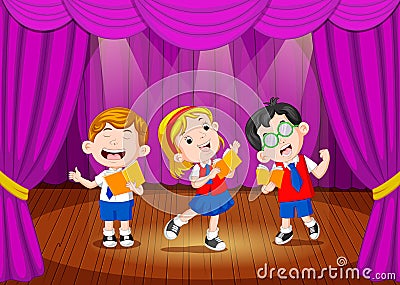 School children singing on the stage Vector Illustration