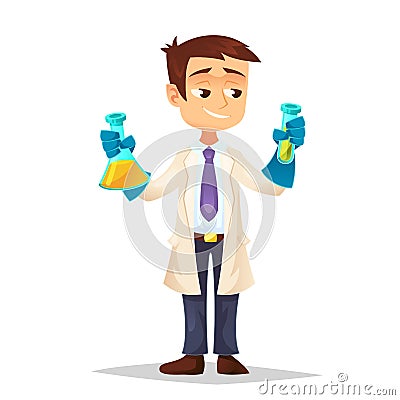 Illustration of a young handsome Scientist student professor Holding two Test tubes Funny cartoon vector illustration Stock Photo