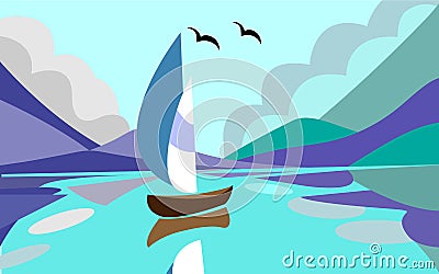 illustration of sea landscape in flat design. Sailing boat at sea, with reflection on the water. Against the backdrop of mountain Vector Illustration