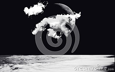 Illustration of sea water surface against dark blue sky and white clouds and Moon silhouette. Night dusk waters cape. Stock Photo