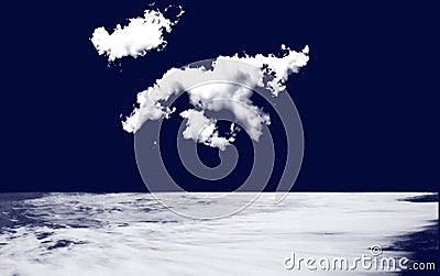 Illustration of sea water surface against dark blue sky and white clouds. Night dusk waters cape. Stock Photo